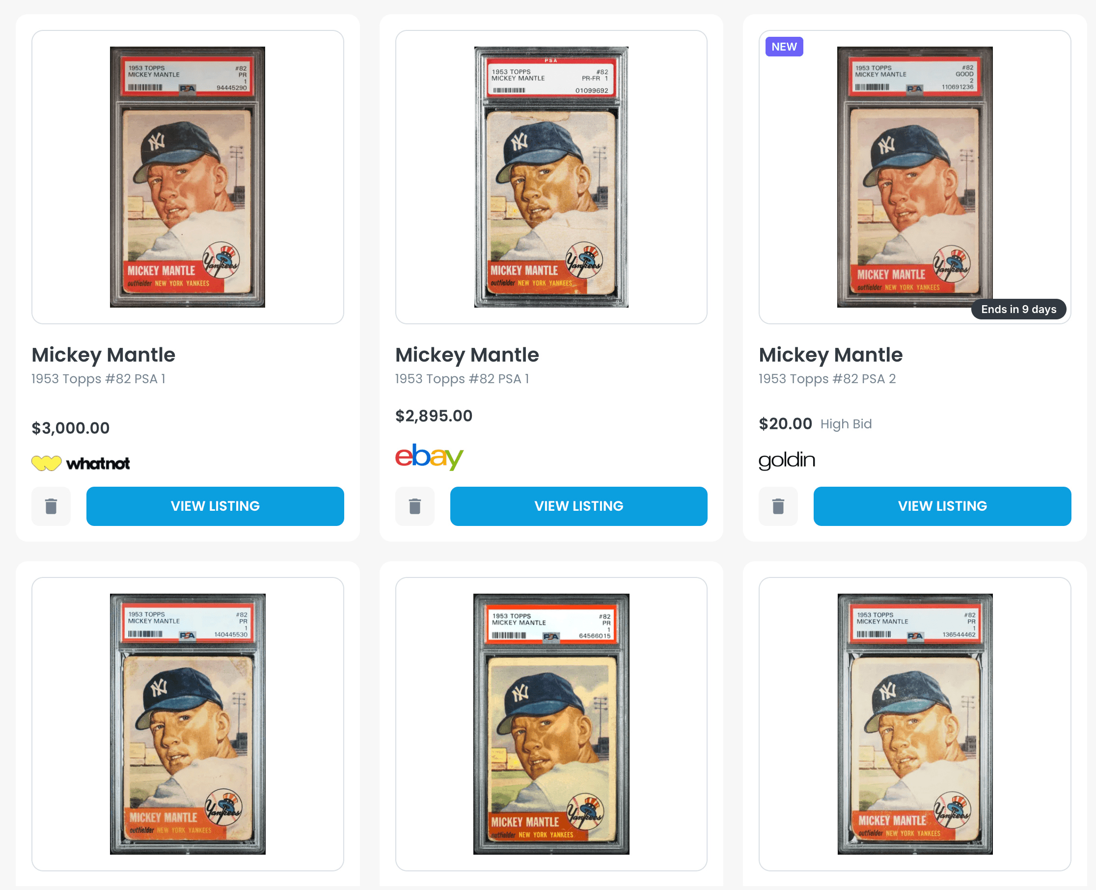 Card Hunter saved searches for graded cards