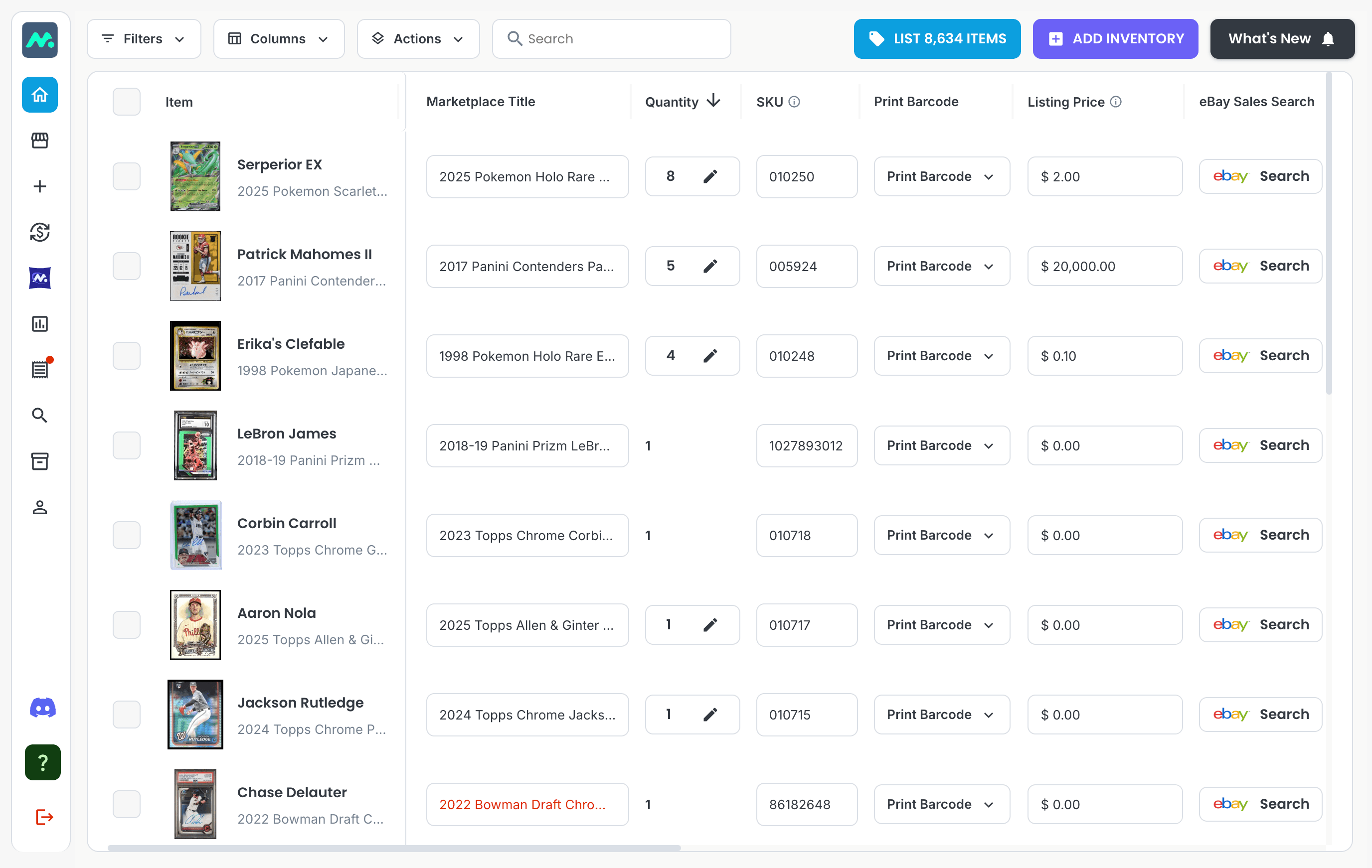 Mascot inventory management dashboard with filters and bulk actions