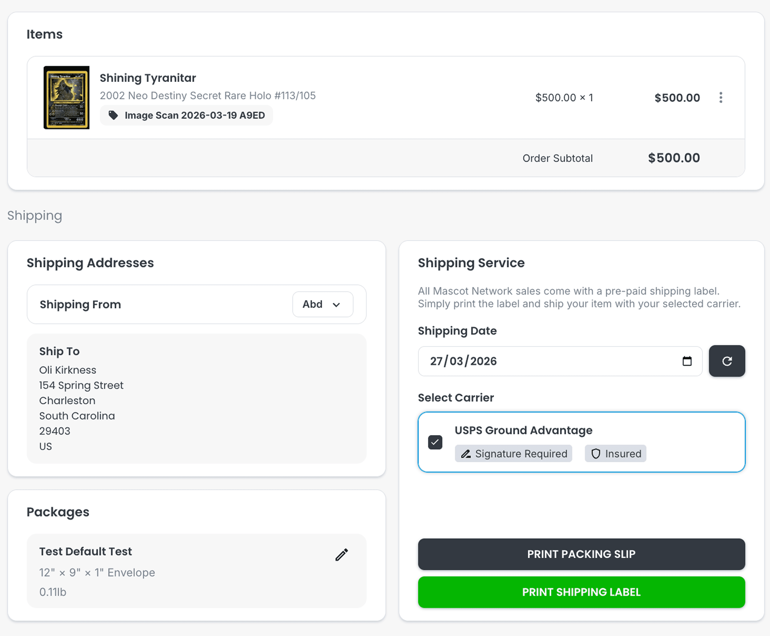 Mascot Network order fulfillment and shipping workflow
