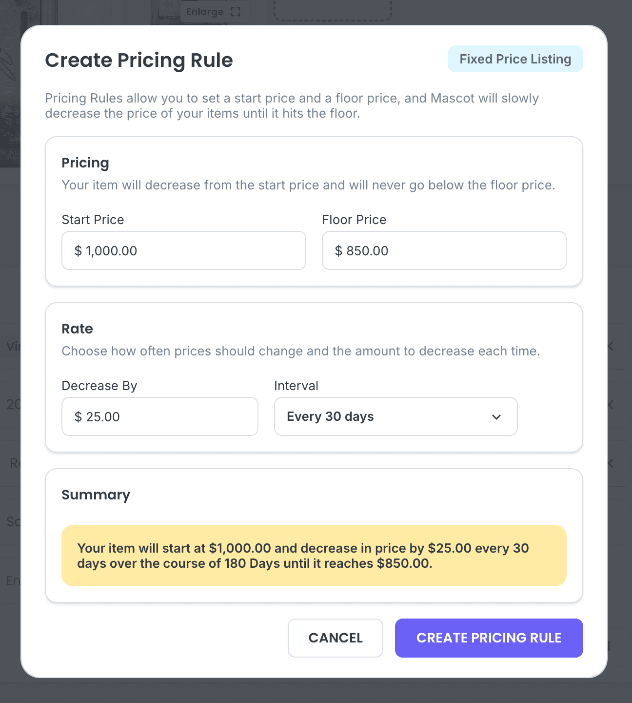 Create a Pricing Rule modal with start price, floor price, decrease amount, and interval