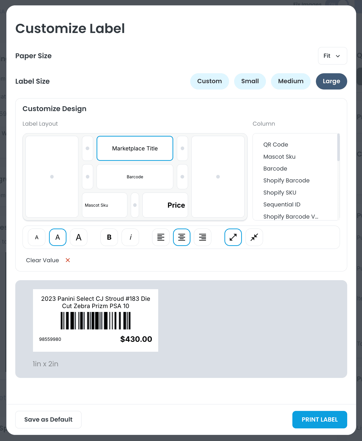 Printable barcode labels for collectibles inventory